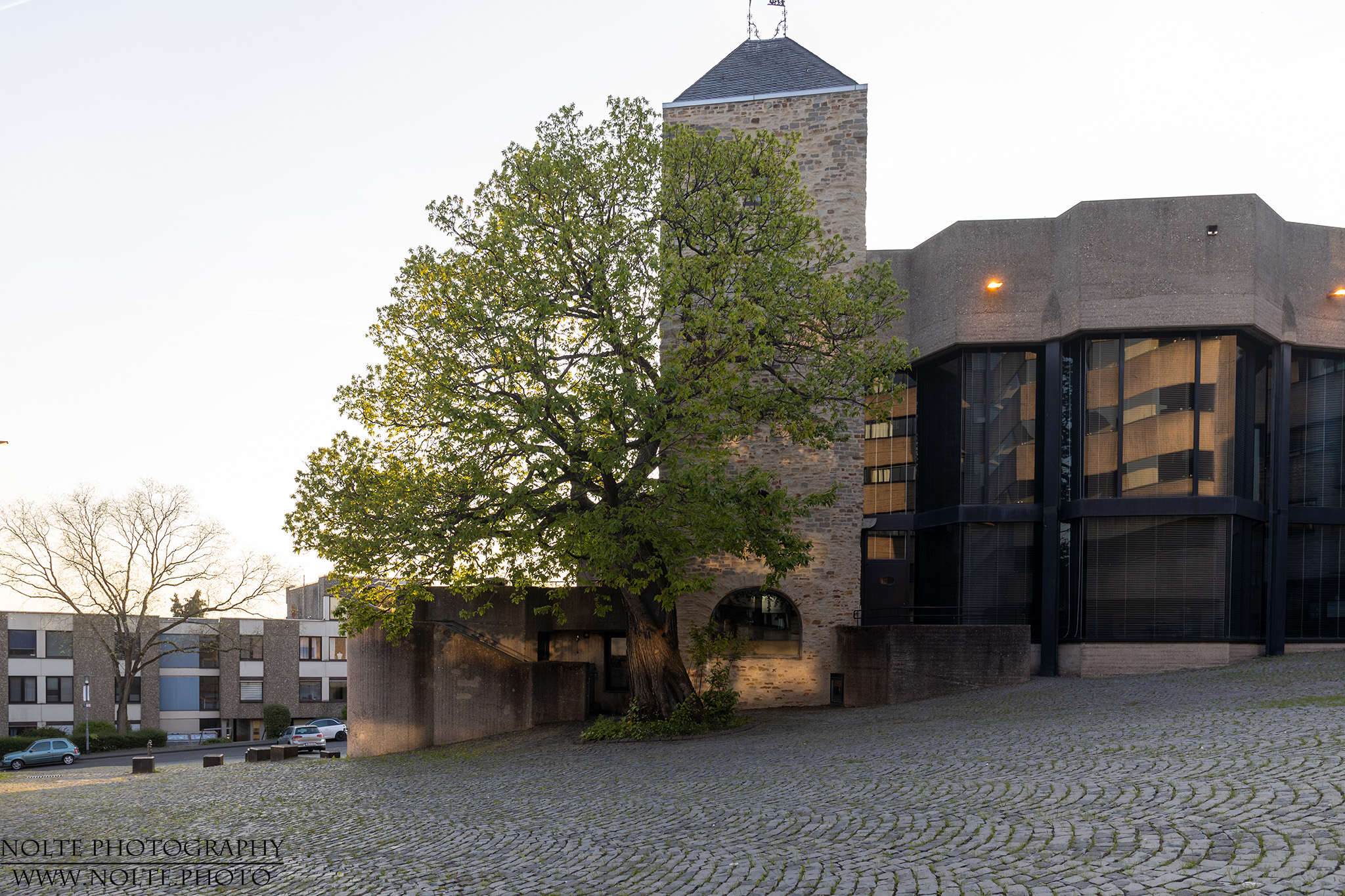 Einer der verbliebenen Türme des alten Schlosses mit Baum davor