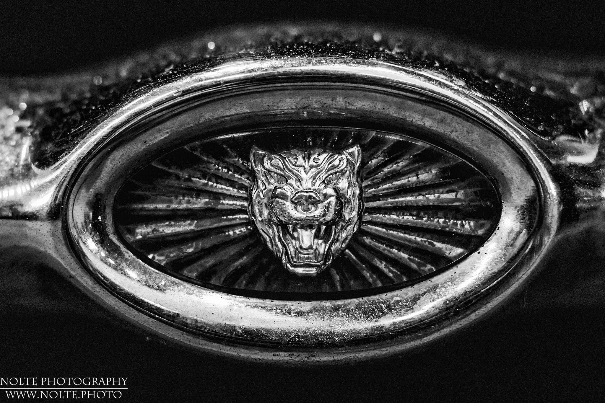 Kleines Jaguar-Logo in der Frontstoßstange eines 1969 E-Type.