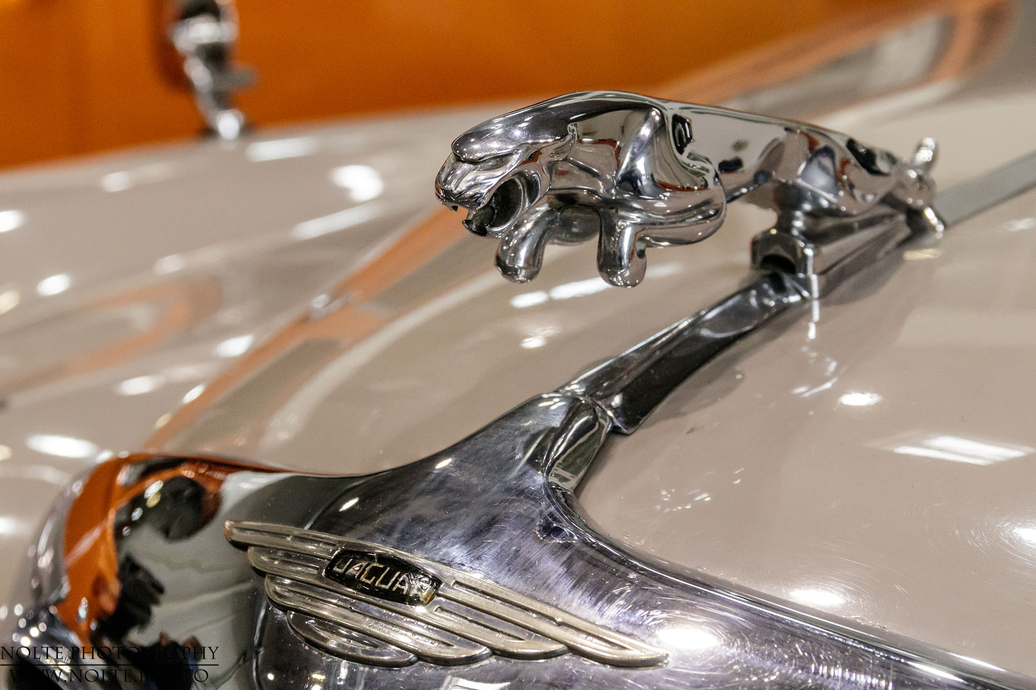 Jaguar-Logo und Haubenfigur zusammen auf der Haube.